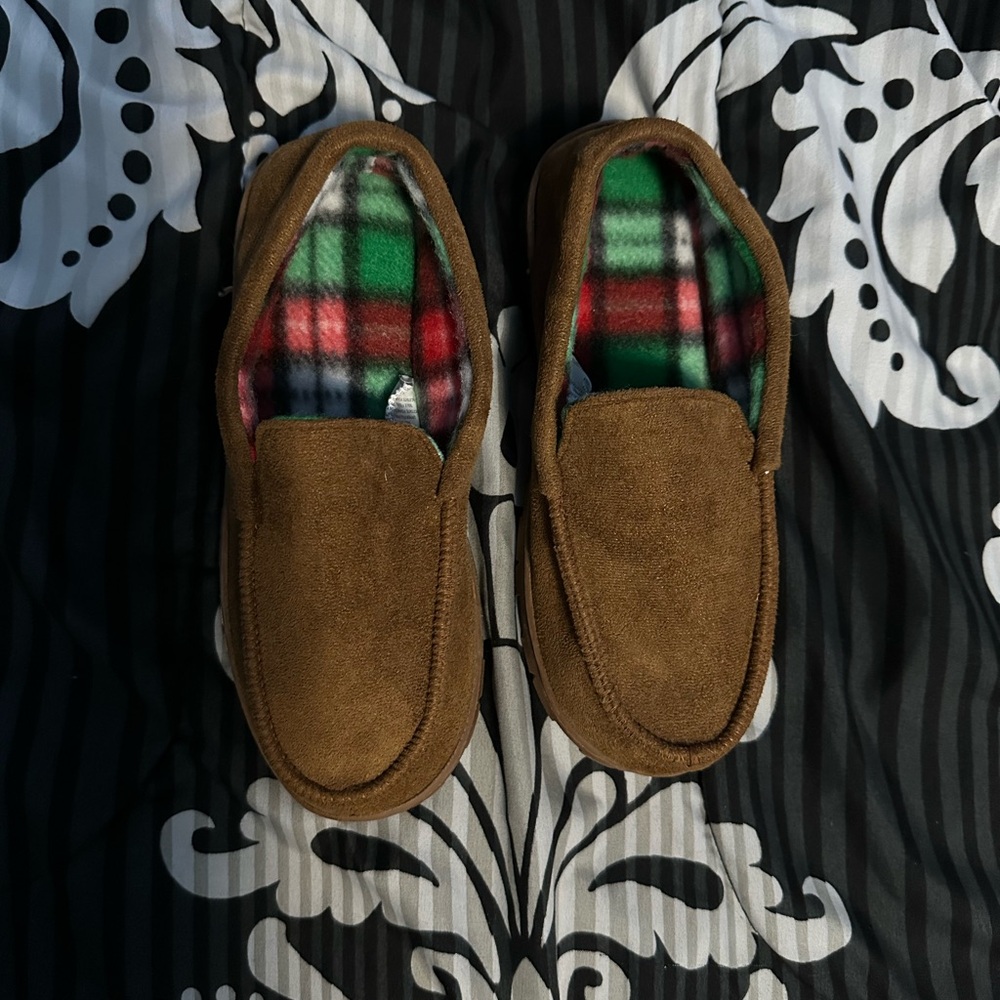 Brown Suede Moccasin Slippers with Plaid Lining
